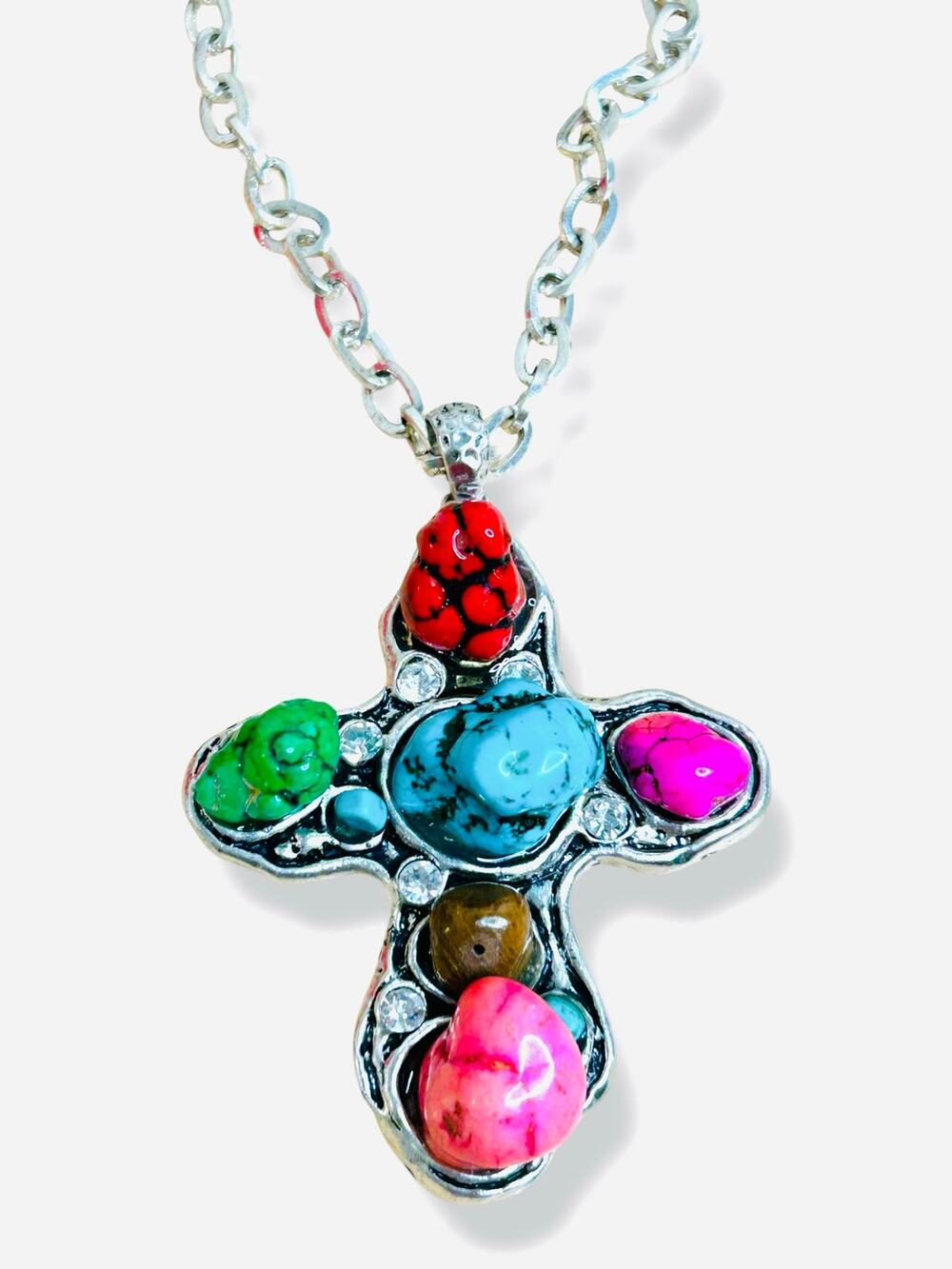 Silver Tone Necklace Chinky Faux Multi Stone Rhinestone Large Cross Pendant
